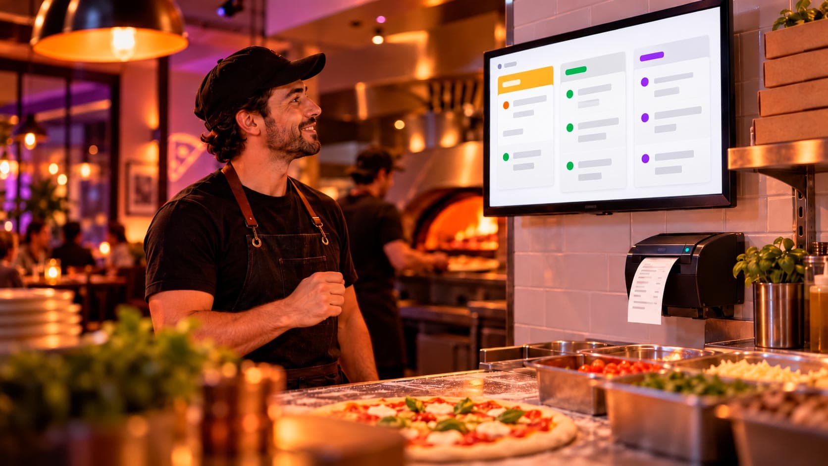 Pizzaiolo olhando a tela de pedidos com a impressora ao lado